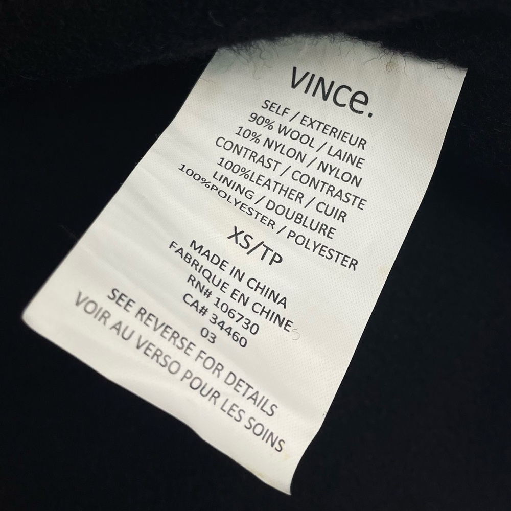 VINCE • Black Leather-Sleeve Shawl Collar Wool Trench Coat, XS - Picture 10 of 15